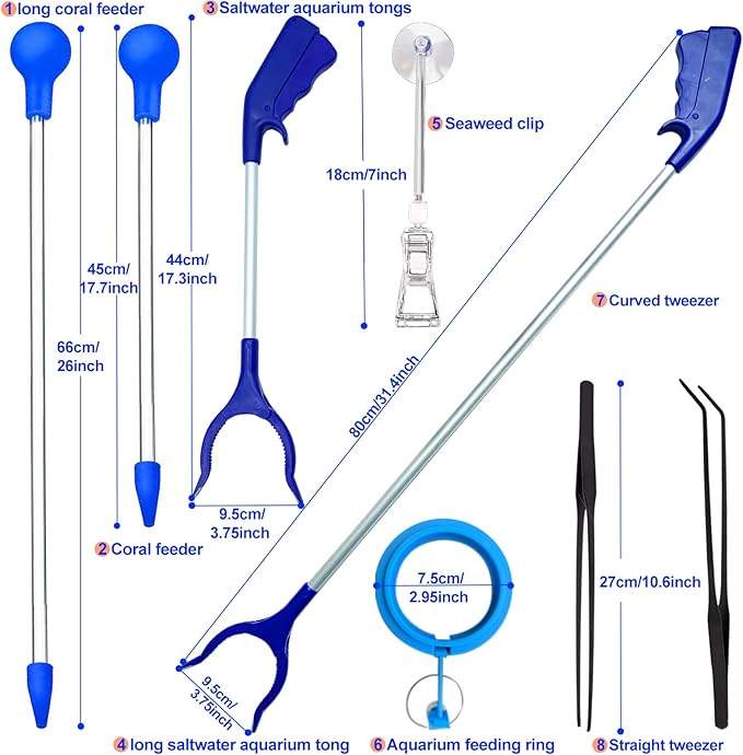 31.5Inch Long Coral Reef Grabber,Coral Feeder,Aquarium Veggie Feeder,Aquarium Food Clip Feeding(Long Reef Grabber and Coral Feeder Kits Never Rust), Blue