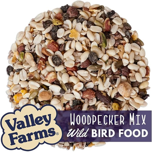 Valley Farms Woodpecker Mix, No Mess Bird Seed for Outdoor Feeders, W/Peanuts and Sunflower Hearts for Birds, Woodpecker Food, Attract All Bird Species (4 LBS)