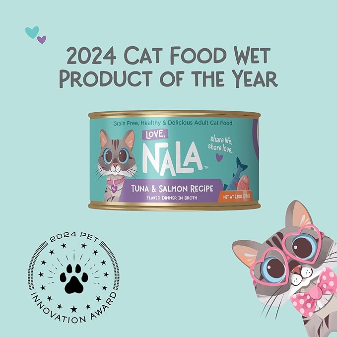 LOVE, NALA - Natural Adult Cat Wet Food - FLAKED Tuna and Salmon in Broth- Grain Free, Non-GMO, Lean Protein, Omega 3, Added Minerals & Vitamins - 12 Pack 2.4 lbs.
