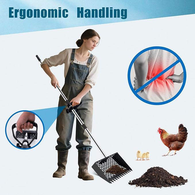 10-inch Large Metal Chicken Poop Scooper&Rake 2-in-1 with Ergonomic Grip Adjustable Long Handle(36 to 61 Inches) for Cleaning Chicken Sand,Chicken Poop Sifting Shovel,Chicken Coop Accessories