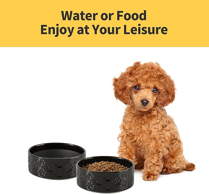 5.1" Non-Slip Ceramic 2 - Piece Dog Bowl Set for Toy Breed Dogs - Food and Water Bowls for Puppy, Pet Dishes for Cats, Kitty (Double Bowls - Black, 5.1 inch)