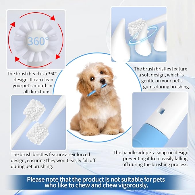 Dog Toothbrush, Dog Toothbrushs Kit with 2pc 360 Degree Tooth Brushing Head and Premium Non-Slip Handle, for Small to Medium Dogs, Soft-Bristled