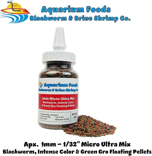 Aquatic Foods Inc. 1mm Ultra Mix of Blackworm, Intense Color Enhancing & Spirulina Green GRO Floating Pellets for Guppies, Tetras, Bettas, Nano Fish, Baby Fish…2oz Squeeze Bottle