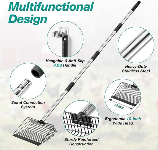 Adjustable Chicken Poop Scooper, Heavy Duty Stainless Steel Chicken Rake with 3-Slot Pole, Multi-Use Pet Waste Shovel & Hay Scooper - 36"/50"/64" Length