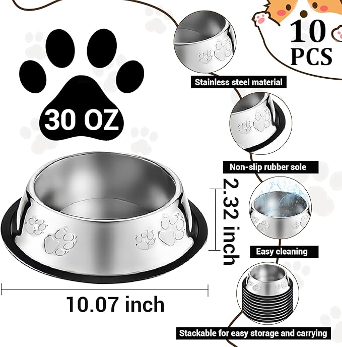 10 Pcs Stainless Steel Dog Bowl Pet Feeding Bowl with Rubber Base Non-Slip Pet Dishes Metal Dog Bowls Pet Food and Water Bowls for Small Medium Animals Kitten Rabbit (30 oz)