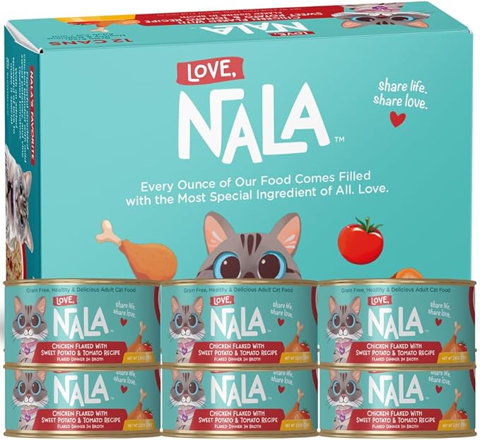 LOVE, NALA - Natural Adult Cat Wet Food - FLAKED Chicken, Sweet Potato, Tomato in Broth - Grain Free, Non-GMO, Digestive Fiber, Vitamins, Minerals - 12 Pack 2.4 lbs.