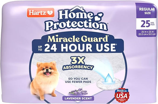 New! Hartz Home Protection Miracle Guard Lavender Scented USA Made Dog Pads, Regular Size 25 Count, 24 Hour Use, Won't Leak and Odor Eliminating