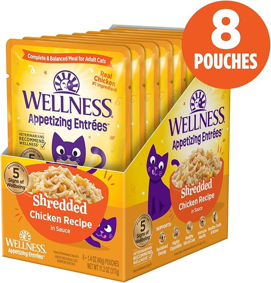 Wellness Appetizing Entrées Shredded Adult Wet Cat Food, Natural, Protein-Rich, Grain Free, 1.4 Ounce Pouch, 8 Pack (Chicken Recipe)