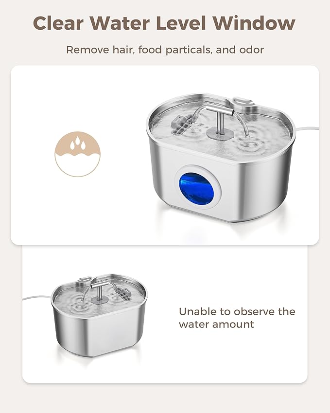 Cat Water Fountain Stainless Steel - Pet Drinking Fountain for Cats Indoor - 2.2L/74oz Automatic Water Dispenser with Watering Level Window (4 Filters)