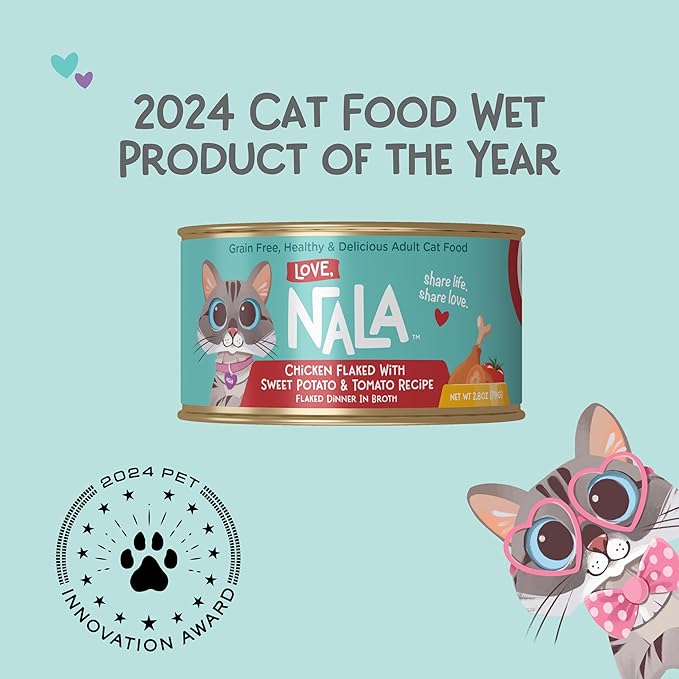 LOVE, NALA - Natural Adult Cat Wet Food - FLAKED Chicken, Sweet Potato, Tomato in Broth - Grain Free, Non-GMO, Digestive Fiber, Vitamins, Minerals - 12 Pack 2.4 lbs.