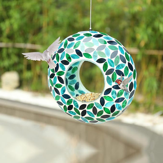 VCUTEKA Bird Feeder Mosaic Fly Through Bird Feeders for Outside Hanging with Round Shape Glass Container to Attract More Wild Birds for Garden, Yard, Backyard, Deck and Porch Decor, Green 10-Inch