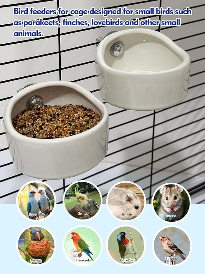 2 Pcs Ceramic Bird Food Bowl Hanging Parrot Food Bowl Pet Bird Bowls Birds Cage Holder for Budgie Finches Lovebirds Parakeet Cockatiels (White)