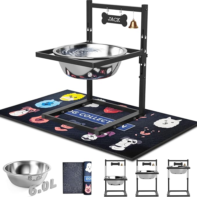 1.6Gallon Elevated Dog Water Bowl for Large Dogs, Height Adjustable (10-17.8in) Raised Stainless Steel Bowl with Spill-Proof Mat & Sturdy Metal Stand, Easy-Clean Feeder for Indoor/Outdoor Use