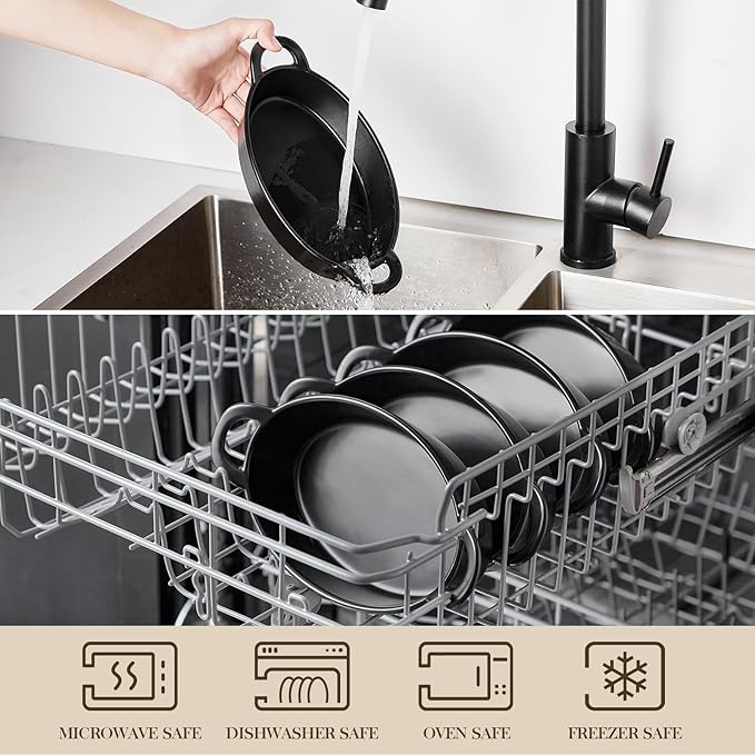 MALACASA Small Casserole Baking Dishes for Oven, Ceramic Oval Baking Dish Sets of 4, 8" x 5" Inch Au Gratin Baking Pans with Handles for Roasting, Lasagna, Pie, Baking Meat & Vegetables, Matte Black