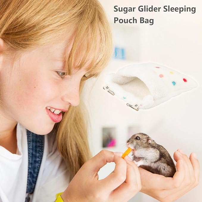 Sugar Glider Sleeping Pouch Bag, Warm Hamster Hammock Pouch Sack Small Pet Hanging Bed for Hamster Rat Hedgehog Squirrel and Other Small Animal (White)