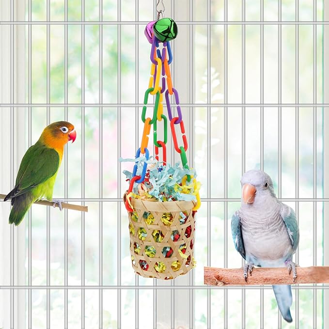 Wontee Bird Toys Colorful Shredding Crinkles Foraging Toys Natural Sola Ball for Parrots Cockatiels Conures Parakeets Budgies Senegal (Bamboo Basket (1 Pack))
