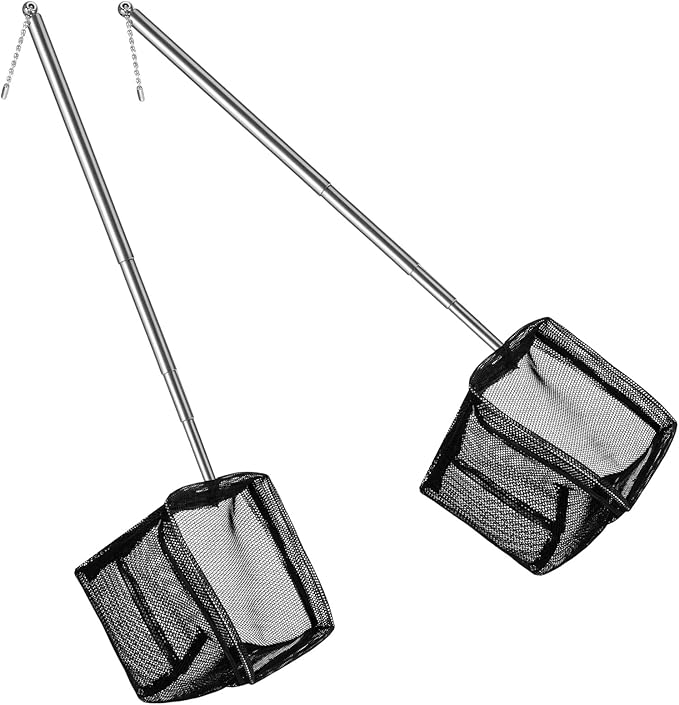 2 Pack Fish Net for Fish Tank Aquarium Net Small Black Aquarium Shrimp Nets with Extendable Stainless Steel Handle Fine Tank Tool Mesh for Shrimp, Food Residue Debris Skimming