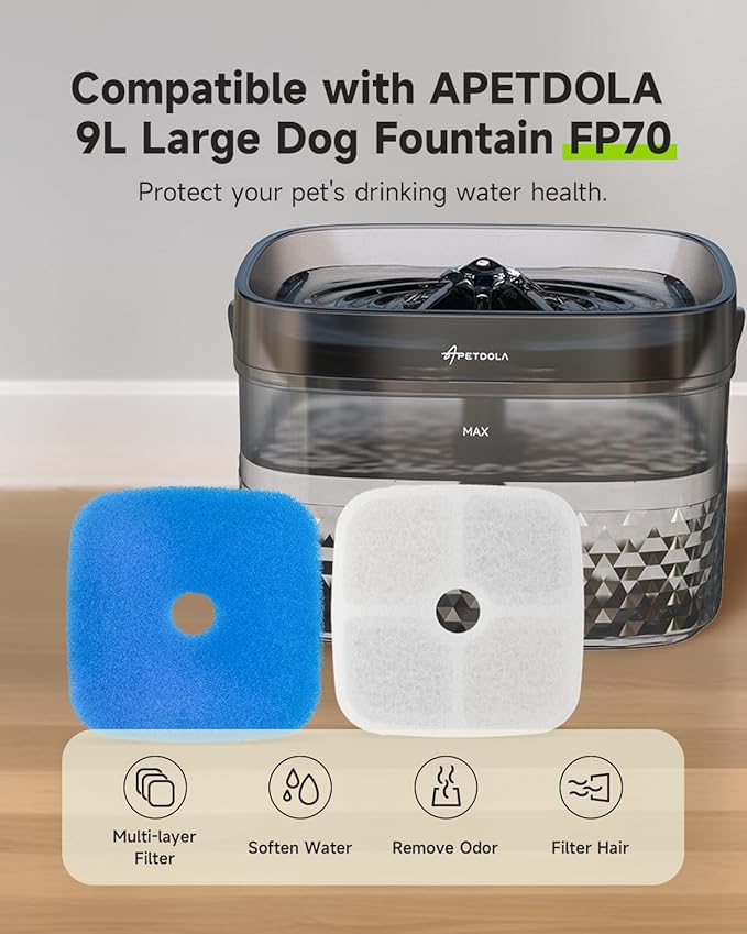 Dog Water Fountain Filter, 4 Pack Filters with 4 Pre-Filter Sponge for 9L/ 2.4 Gallon Pet Water Fountain FP70PRO, 5 Layer Replacement Filters for Dog Fountain Ultra Quiet