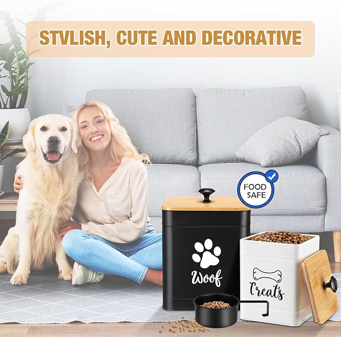 Metal Dog Food Containers Set of 2 with Bamboo Lids and Spoon Airtight 7+3 lbs Dog Treat Snack Jars with DIY Labels Big Pet Cookie Storage Jar for Kitchen Counter(Classic)
