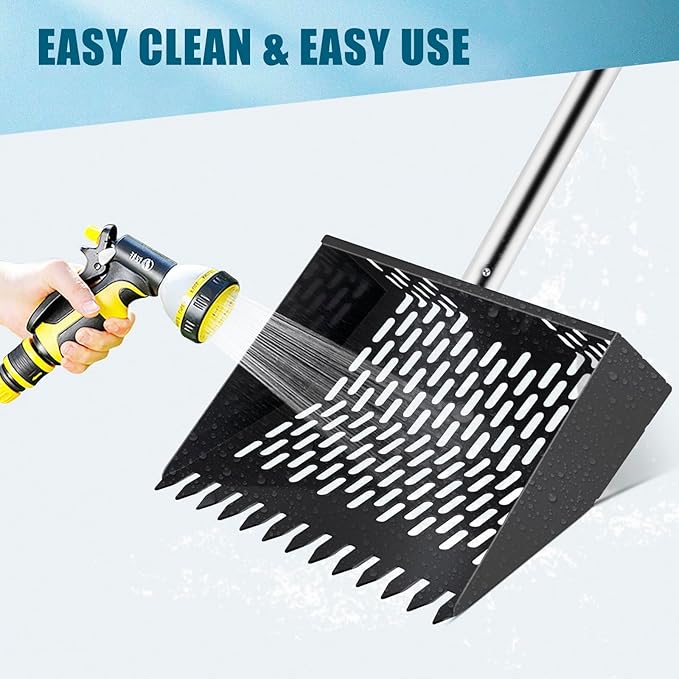 10-inch Large Metal Chicken Poop Scooper&Rake 2-in-1 with Ergonomic Grip Adjustable Long Handle(36 to 61 Inches) for Cleaning Chicken Sand,Chicken Poop Sifting Shovel,Chicken Coop Accessories