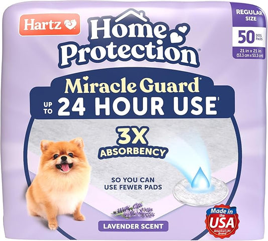 New! Hartz Home Protection Miracle Guard Lavender Scented USA Made Dog Pads, Regular Size 50 Count, 24 Hour Use, Won't Leak and Odor Eliminating