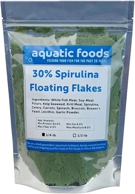 Aquatic Foods Inc. 30% Spirulina Premium Flakes for African Cichlids, All Central and South American Cichlids, Koi, Pond Fish, All Community Tropical Fish...WL…1/4-lb Foil Pouch Bag