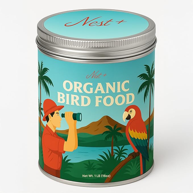 100% Organic Parrot Food – Premium Bird Seed Mix with Oat Groats, Buckwheat, Amaranth, Super Veggies & Seeds – Reusable Tin + Stainless-Steel Scooper – Made in USA, Human Grade Ingredients (1lb)