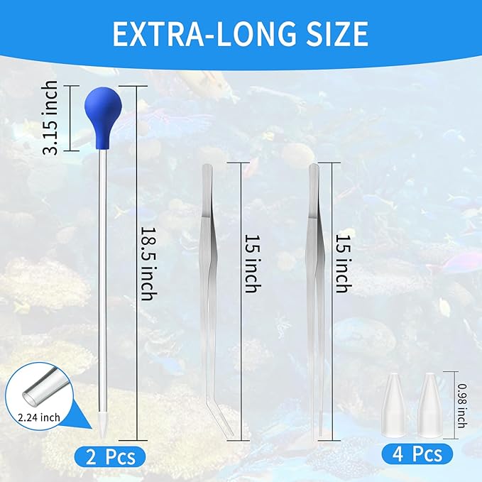 2 Pcs 18.5 in Long Pipette with 2 Pc Stainless Steel Feeding Long Tweezers for Fish Tank Coral Food Feeder Long Syringe Aquarium Coral Feeding Tube for Marine Fish Reef Aquatic Plant