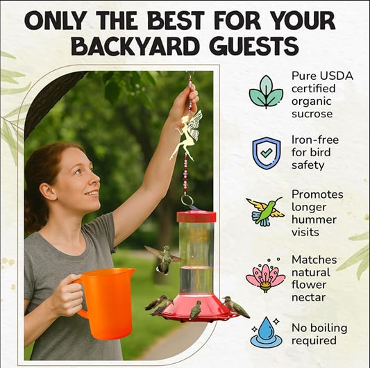 USDA Organic Hummingbird Nectar, Iron-Free, 2 x 8oz Concentrate Pouches with Feeder, All-Natural, Dye-Free USDA Certified Nectar for Outdoor Hummingbird Feeding