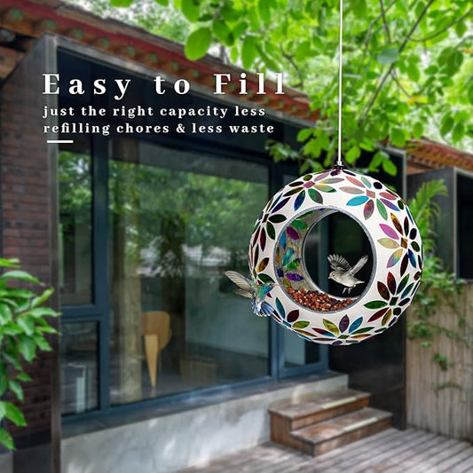 VCUTEKA Bird Feeder for Outside Hanging with Round Shape Glass Container to Attract More Wild Birds, Mosaic Fly Through for Garden, Yard, Backyard, Deck and Porch Decor, 7-Inch