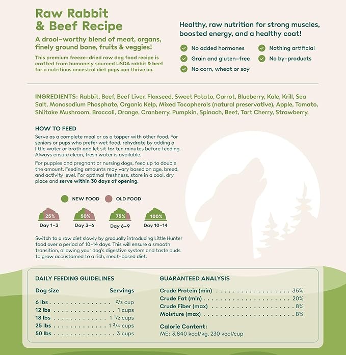 Little Hunter Freeze Dried Fresh Dog Food Raw Rabbit Recipe - Picky Eater-Approved Limited Ingredient for All Stages - High Protein, Small Batch, Grain Free Raw Dog Food, 15 oz