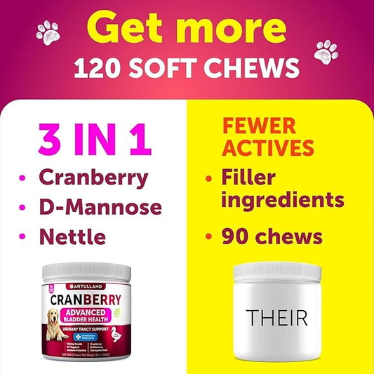 Dog UTI Treatment - Cranberry Supplement and Bladder Control for Dogs - UTI Chewable Treats (2 Pack) - 240 Chews for Kidney Support - Bladder Stones - Urinary Tract Infection Incontinence Treatment
