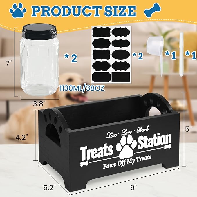 Dog Treat Container Dog Food Container for Dog Food Storage, Farmhouse Cat Food Container Pet Food Storage Organizer, Wood Dog Treat Holder with 2 Plastic Cat Dog Treat Jars, Black Cat Treat Container