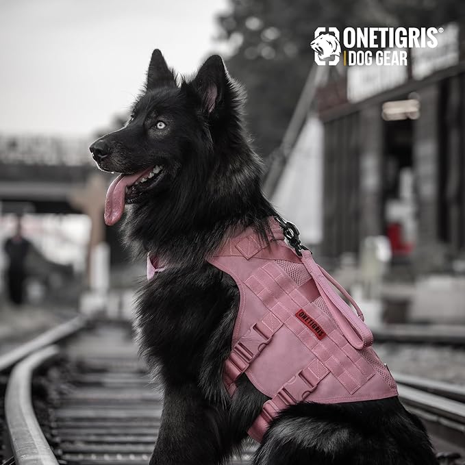OneTigris Tactical Dog Harness for Small Dog, No Pull Small Dog Vest Harness with Handles Breathable Military Molle Vests for Walking Hiking Training (Pink, Large)