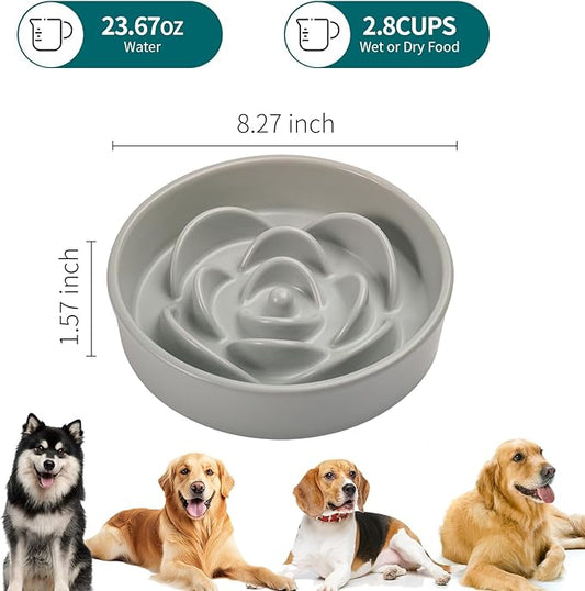8.26 in Grey Dog Bowl Slow Feeder Ceramic for Medium and Large Breed,Slow Feeding Dog Food Water Dish Heavy Weighted,Puppy Dish for Fast Eaters,Puzzle Eating Bowl Modern Maze