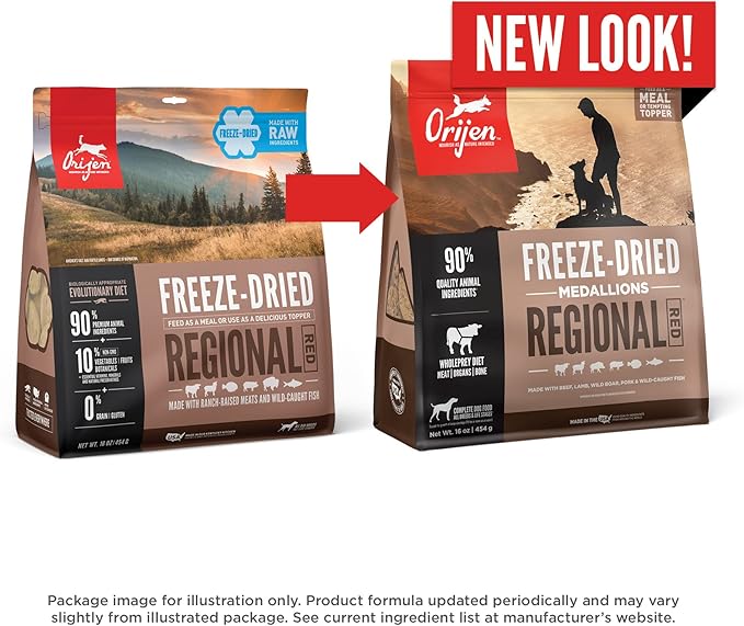 ORIJEN Grain Free High Protein Freeze Dried Dog Food & Topper Regional Red Recipe 6oz Bag