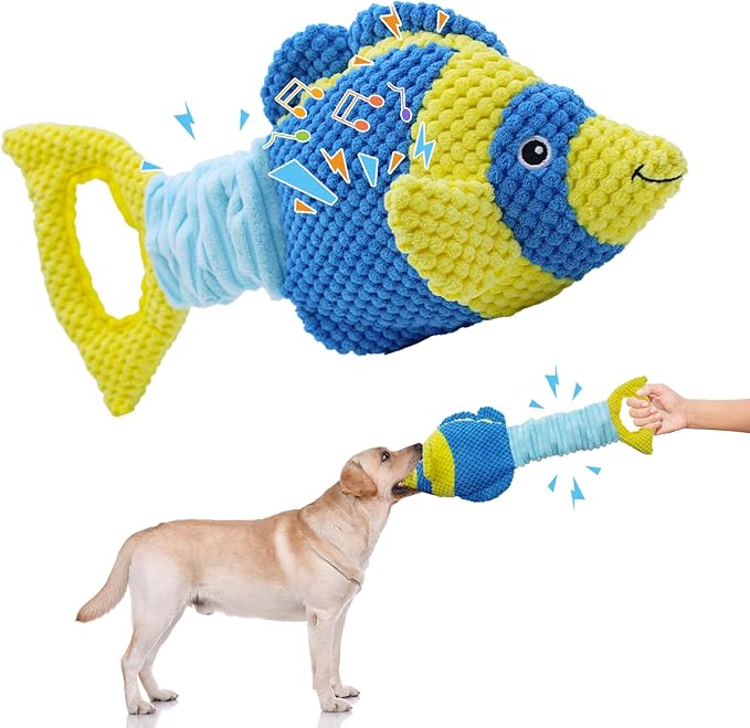 Tug of War Dog Toy, Squeaky Dog Toys, Interactive Fish Puppy Toys with Crinkle Paper to Keep Them Busy