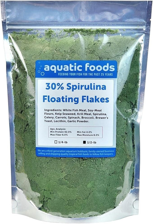 Aquatic Foods Inc. 30% Spirulina Premium Flakes for African Cichlids, All Central and South American Cichlids, Koi, Pond Fish, All Community Tropical Fish...WL…1/2-lb Foil Pouch Bag