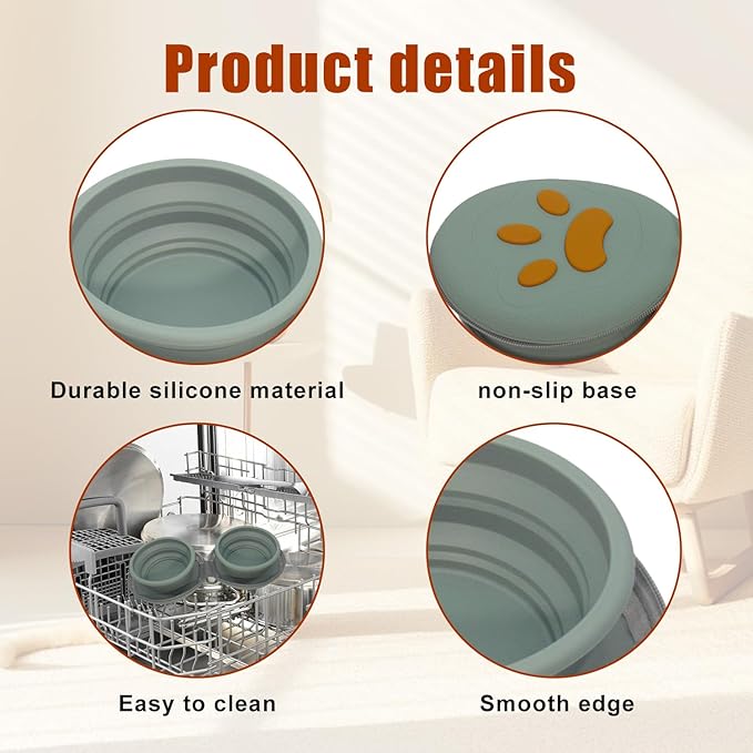 2-in-1 Collapsible Silicone Pet Bowl Double Compartment Portable Dog Cat Dish with Carabiner Clip for Travel Camping Hiking (Green)