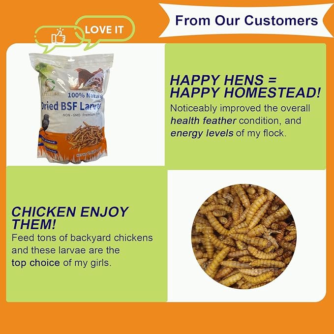 5lbs Dried Black Soldier Fly Larvae for Chickens - 100% Natural BSF Larvae More Calcium Than Dried Mealworms - High Protein BSFL Chicken Treats for Laying Hens Ducks Birds