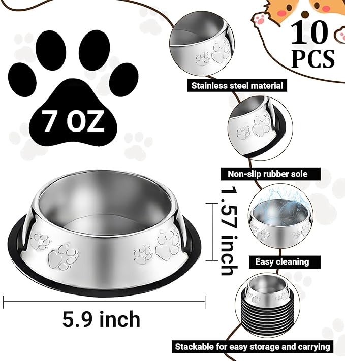10 Pcs Stainless Steel Dog Bowl Pet Feeding Bowl with Rubber Base Non-Slip Pet Dishes Metal Dog Bowls Pet Food and Water Bowls for Small Medium Animals Kitten Rabbit (7 oz)