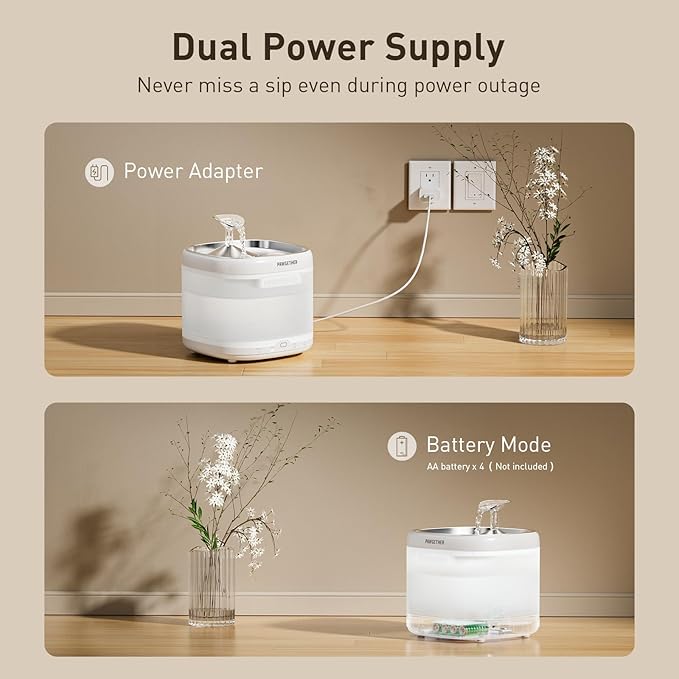 PAWGETHER® Cat Water Fountain, Ultra Quiet Pumpless Pet Water Fountain with Stainless Steel Tray, 67oz/2L Water Fountains for Cats Indoor with 360° Motion Sensor for Cats & Dogs (with Filter)