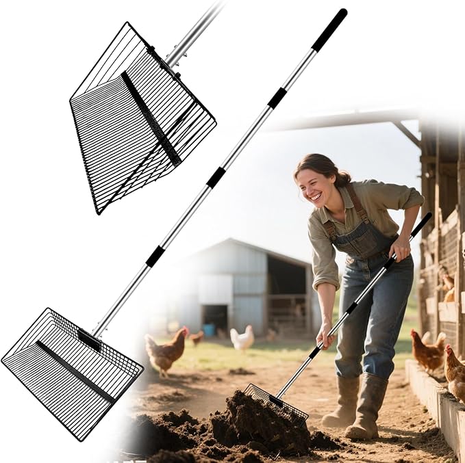 15inch Extra Large Chicken Poop Scooper,With24 to 68" Stainless Steel Handle,Ideal for Chicken Coops, Pet Areas, and Farm Cleanup (15" Width)