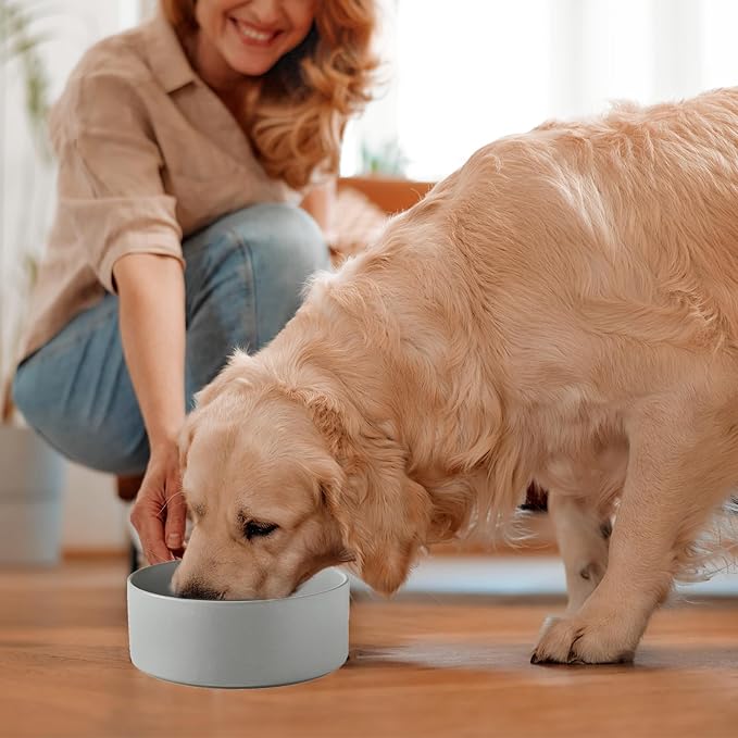 8'' Ceramic Dog Bowl - 70Oz Classic Dogs Food & Water Bowl for Medium and Large Breeds, Heavy-Duty Non-Slip Dog Dish, Food Grade Stoneware Pet Bowl, Dishwasher & Microwave Safe, Grey