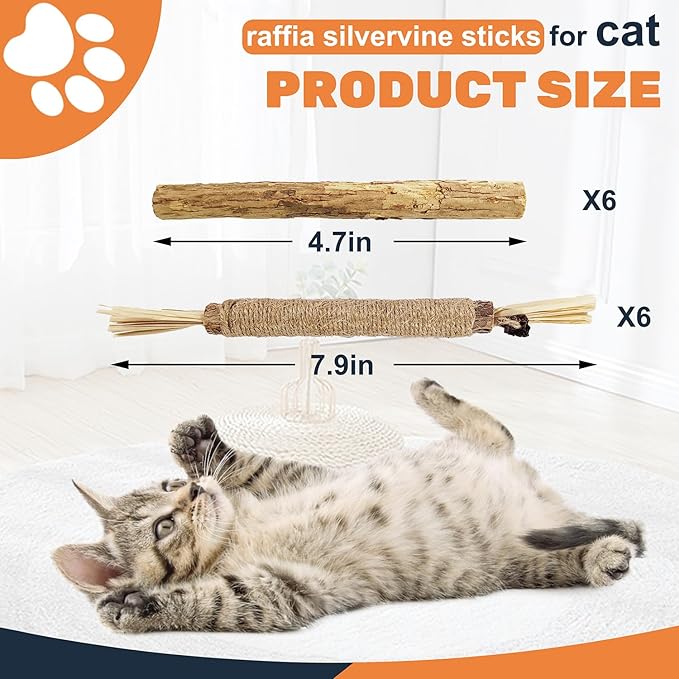 12pcs Silvervine Cat Toys,Raffia Silvervine Sticks for Cats, Catnip Cat Chew Toys Teeth Cleaning,Edible Kitty Toys
