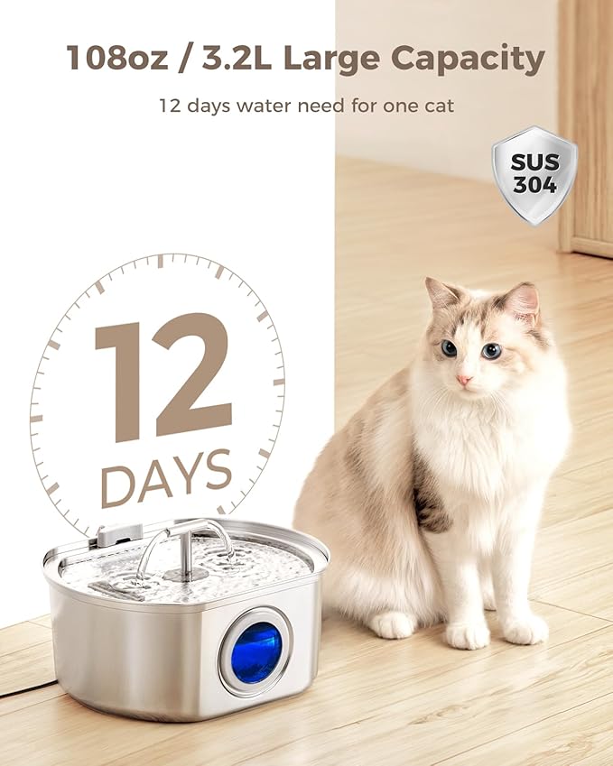 Cat Water Fountain Stainless Steel - Pet Drinking Fountain for Cats Indoor - 3.2L/108oz Automatic Water Dispenser with Watering Level Window (4 Filter)