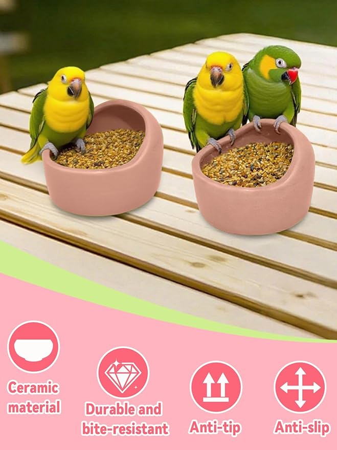 2 Pcs Bird Food Bowl Ceramic Bowls for Birds Small Parakeet Food Bowl Parrot Feeding Cups, Bird Cage Feede for Parakeets Conure Cockatiels Lovebird Budgie (Pink)