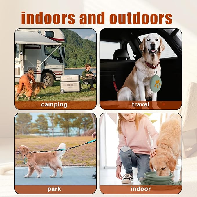 2-in-1 Collapsible Silicone Pet Bowl Double Compartment Portable Dog Cat Dish with Carabiner Clip for Travel Camping Hiking (Green)