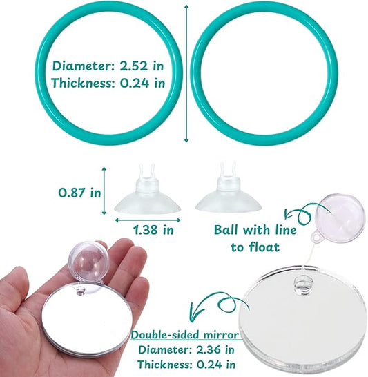 2 pcs Betta Ring Enrichment Toys with 1 pcs Betta Mirror, Exercise Training Ring and Floating Mirror for Fish Tank, Aquarium Feeding Rings with Floating Mirrors, Fish Toys, Bettas Toy (Teal, M-70mm)