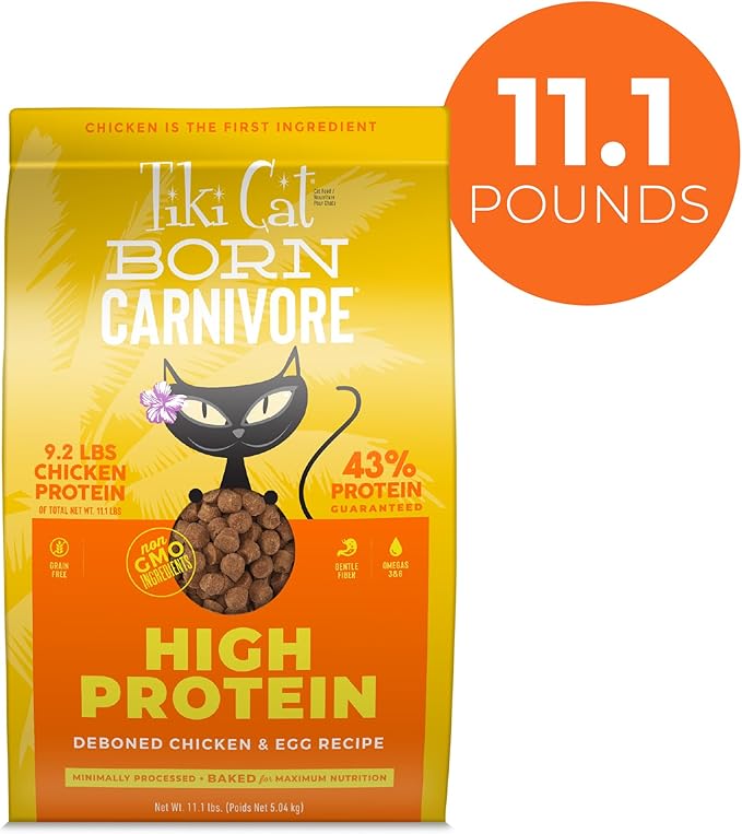Tiki Cat Born Carnivore High Protein, Deboned Chicken & Egg, Grain-Free Baked Kibble to Maximize Nutrients, Dry Cat Food, 11.1 lbs. Bag